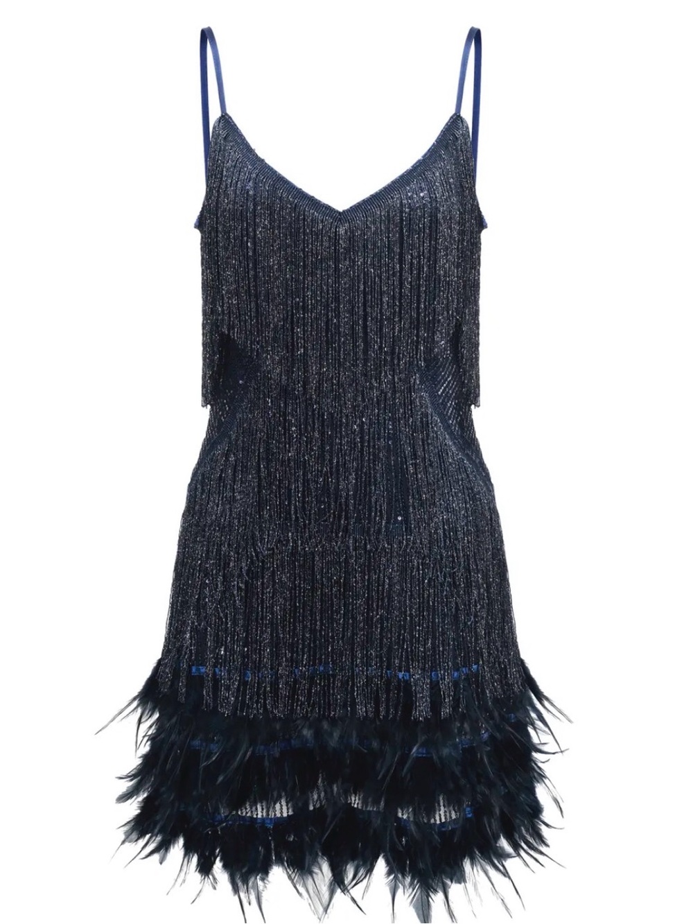 Bella Barnett Sparkle Fringe Feather-Trim Navy Slip Dress